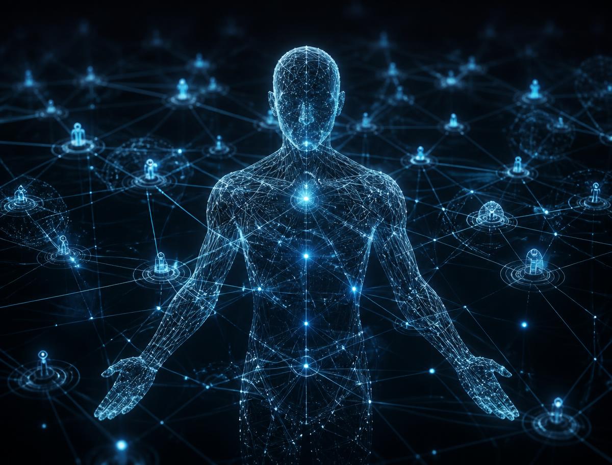 Wireframe human figure superimposed over a network of autonomous agents